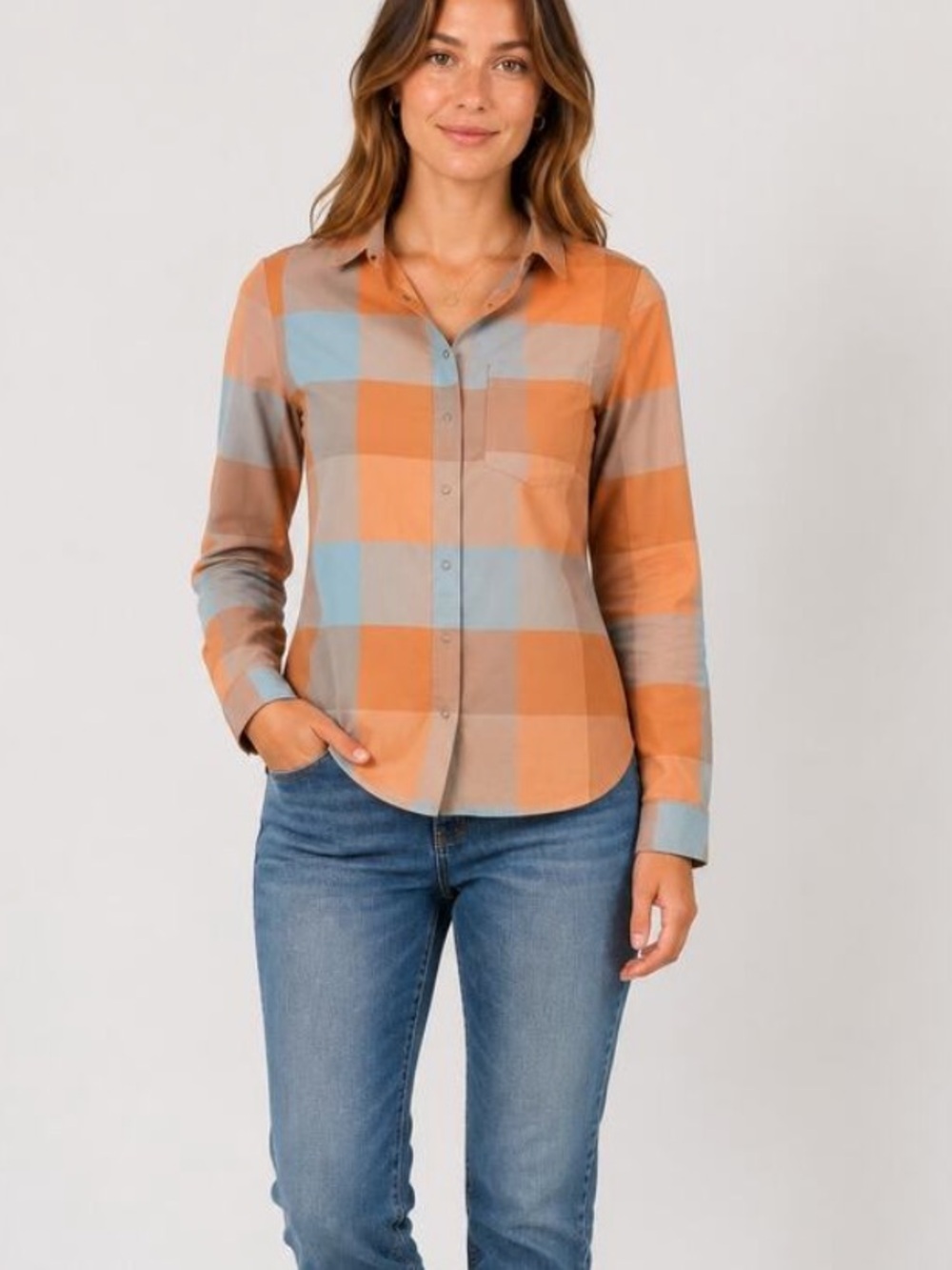Prana Women's Plaid Snap Front Long Sleeve Shirt Blue Tan Orange Size Medium